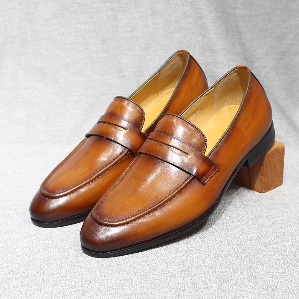 Spring Autumn Mens Penny Loafers Genuine Leather Hand Painted Slip On Dress Shoes Size 6-13 Wedding Casual Business