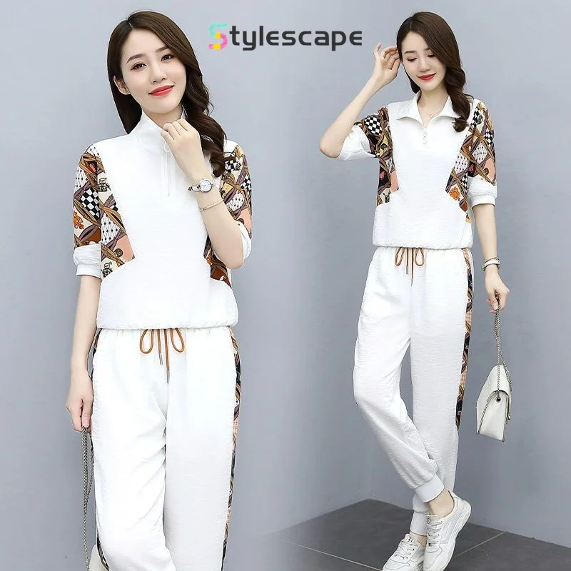 Leisure Set Large Women's 2024 Summer New Western Loose Fit Sports Fashion Short Sleeve Women's Two Piece Set Sweatsuits