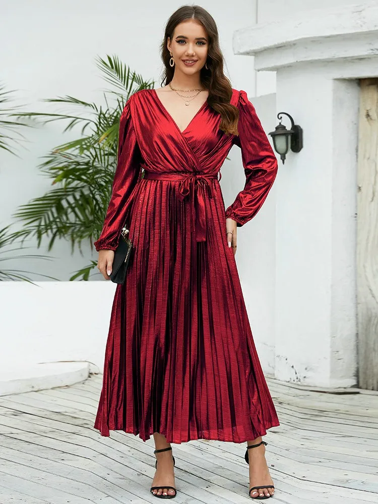 

Evening Party Dresses Women Luxury Long Sleeve Wrap Belt Pleated Dress Autumn Winter Sexy Sequin V-neck Maxi Formal Dress