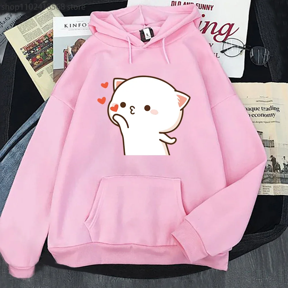 

Kawaii Mochi Peach Cat Print Hoodies Women Fashion Sweatshirt Pink Tops Harajuku Vintage Aesthetic Clothes Cute Cartoon Graphic