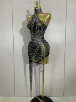 STOCK Sparkly Diamond Sexy Mesh Asymmetric Bodycon Mini Dress Women Nightclub Bar Party Show Gogo Dancer Clothing Stage Costume - Image 2