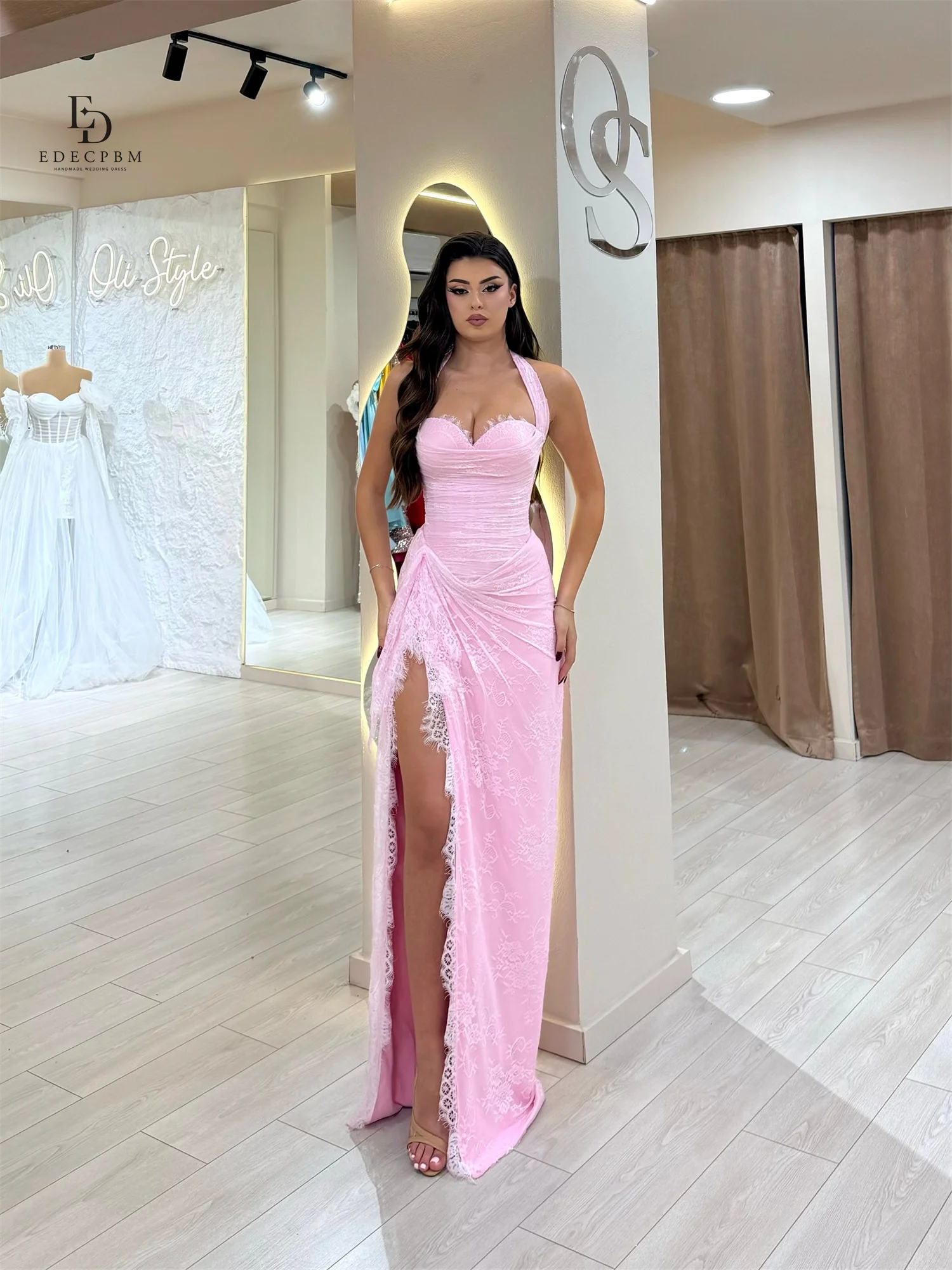 EDECPBM Pink Wedding Dresses for Parties Vestidos De Fiesta Lace Women  Evening Dress   Customized Mermaid Side Slit - AliExpress 320