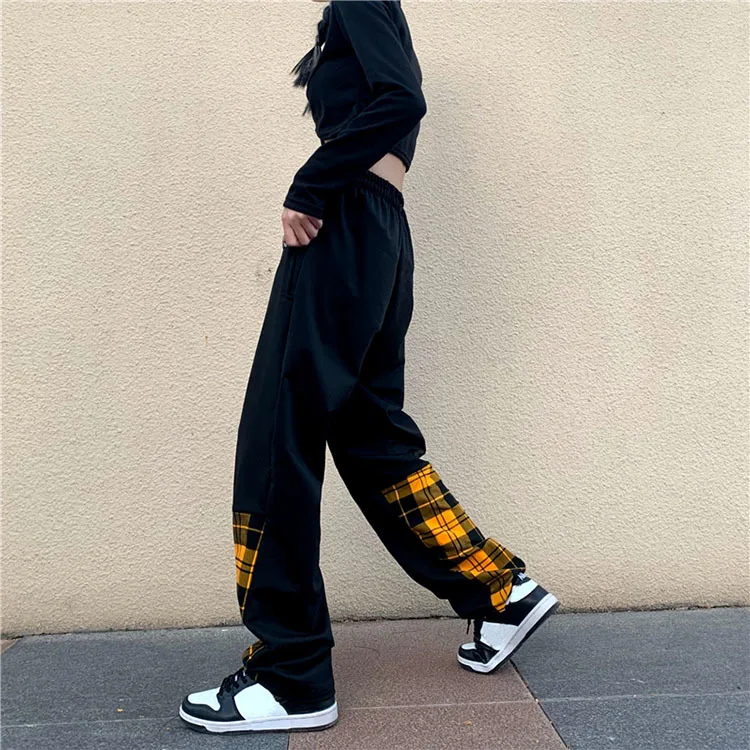 Retro casual pants women's spring autumn Korean version INS tide loose straight pants stitching plaid high waist wide leg pants capri sweatpants