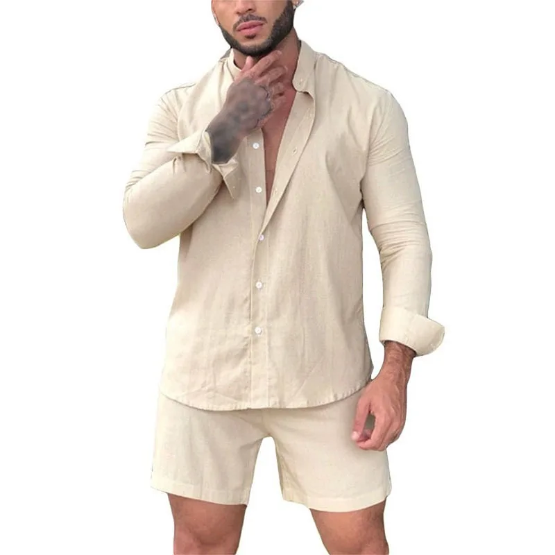 Men Shorts Set 2023 Spring Simple Long Sleeves and Shorts Set Southeast Asia Loose Cotton and Linen Men's Solid Two-piece Set