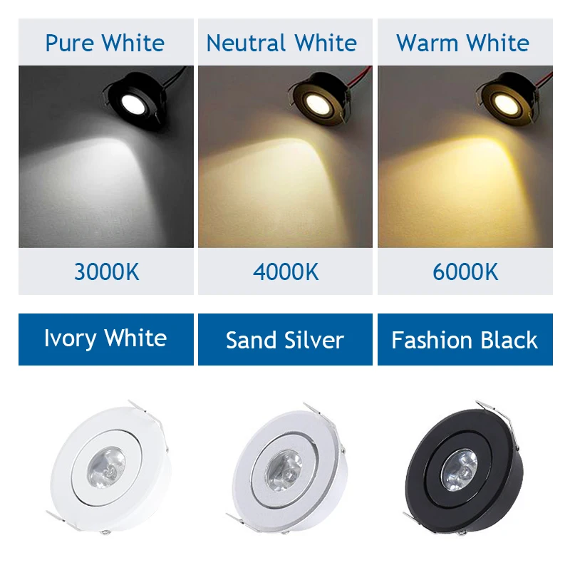6pc 1W 3W Mini led Downlight Cabinet Recessed Spot light led Driver Pure Nature Warm white and White Silver Black body AC85-265V led downlight recessed ceiling spotlight