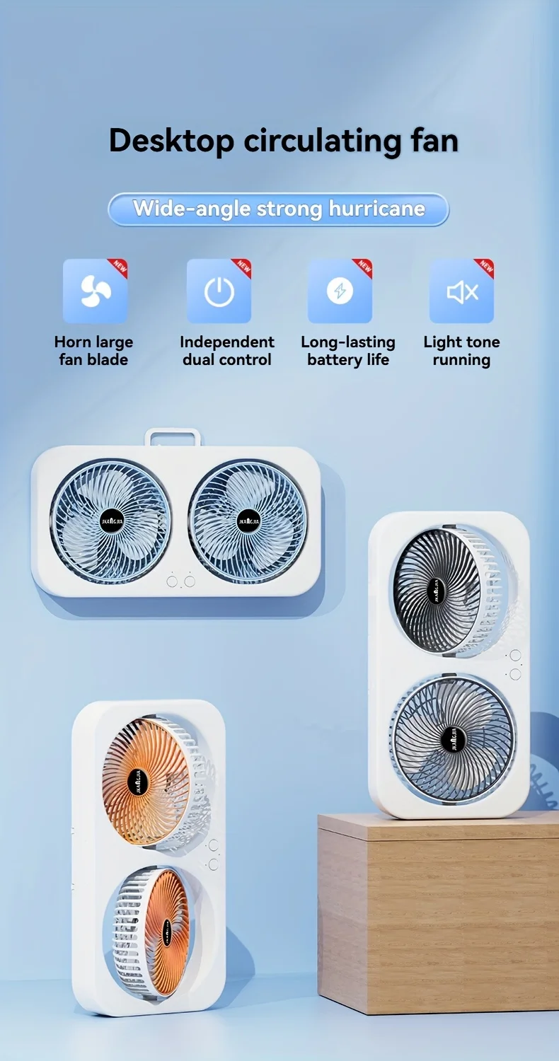 360 Rotation Dual Head Fan Front View and Dual Airflow Design
