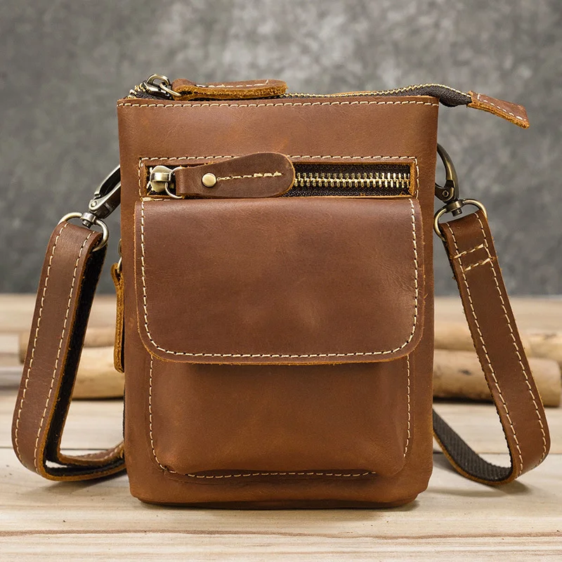 

Men's Genuine Leather Waist Bag Crazy Horse Skin Shoulder Bag Multi functional Belt Hanging Bag Outdoor Sports Mobile Phone Bag