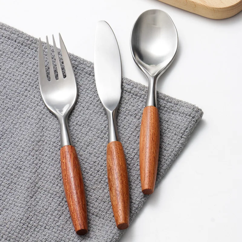 

Teak rosewood Handle Cutlery Fork Spoon Knife Silverware Stainless Steel Tableware Kitchen Western Dinnerware Wedding Supplies
