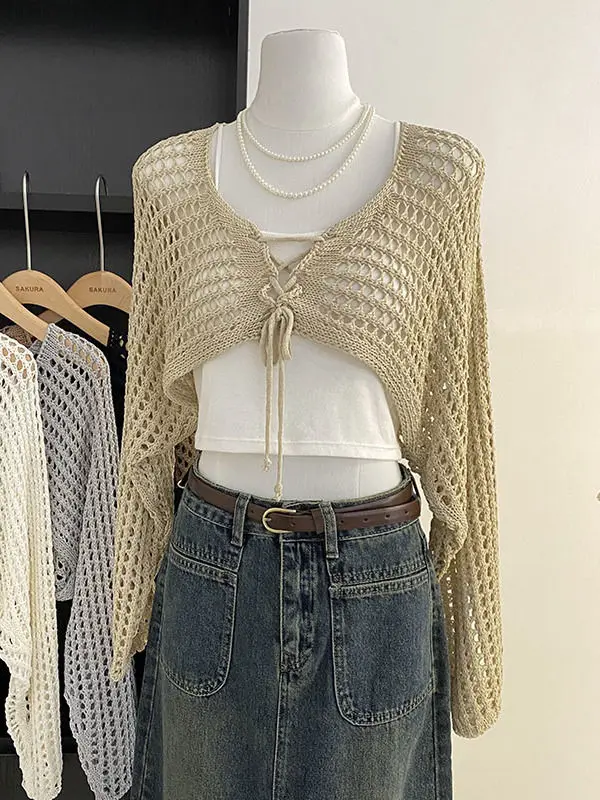 Hollow Out Short Style with Camisole Knitted Sweater for Women's Summer New Loose Long Sleeved Cover Up Sun Protection Top 2