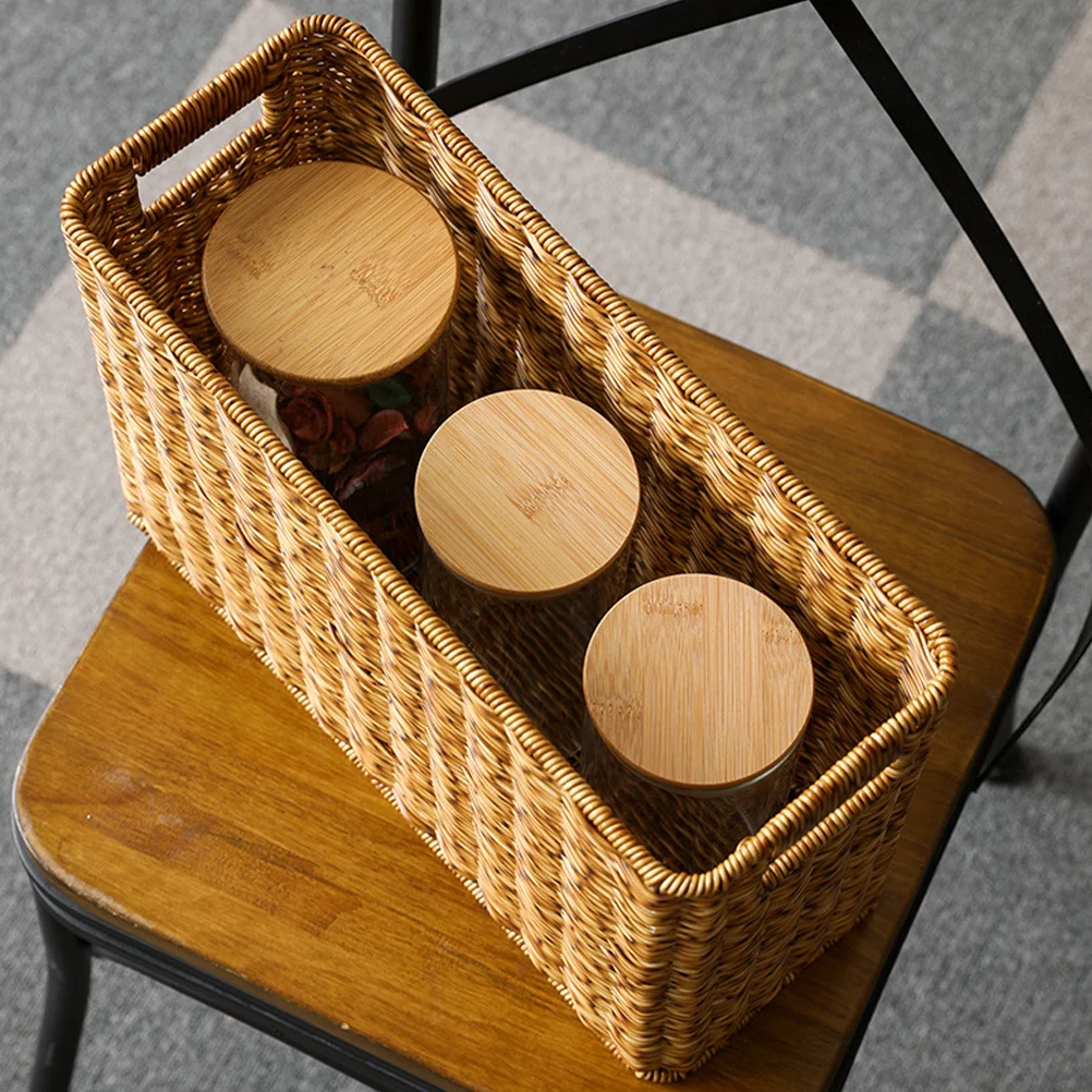 

Imitation Rattan Weave Basket Japanese Style Storage Bin Large Capacity Hollow Handle Woven Basket Desktop Finishing Basket