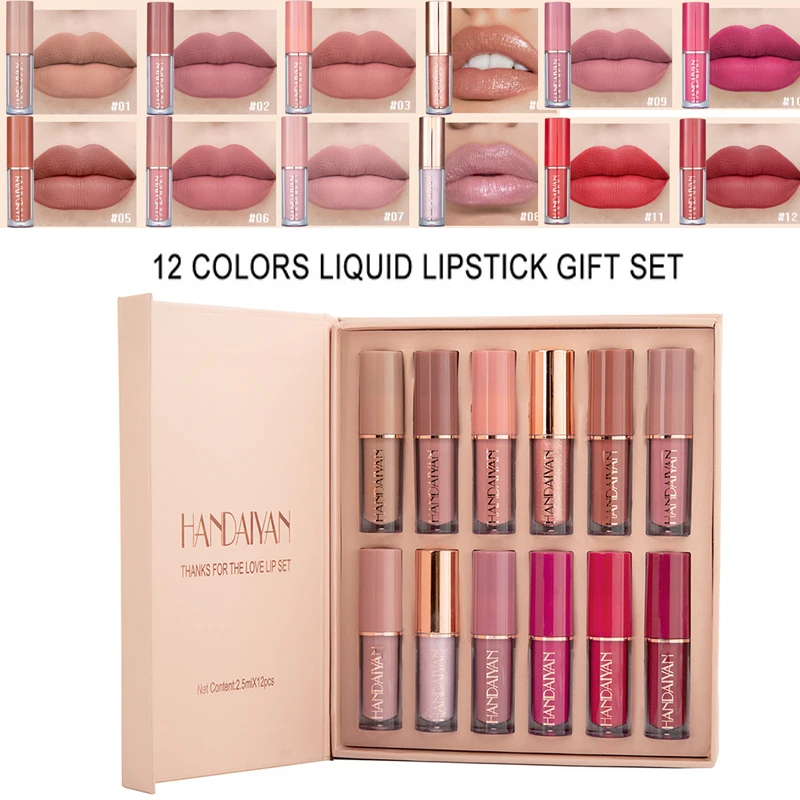 

12 Colors Waterproof Nude Matte Velvet Glossy Lip Gloss Lipstick Lip Balm Sexy Red Lip Tint Sexy Women LIQUID LIPSTICK GIFT SET