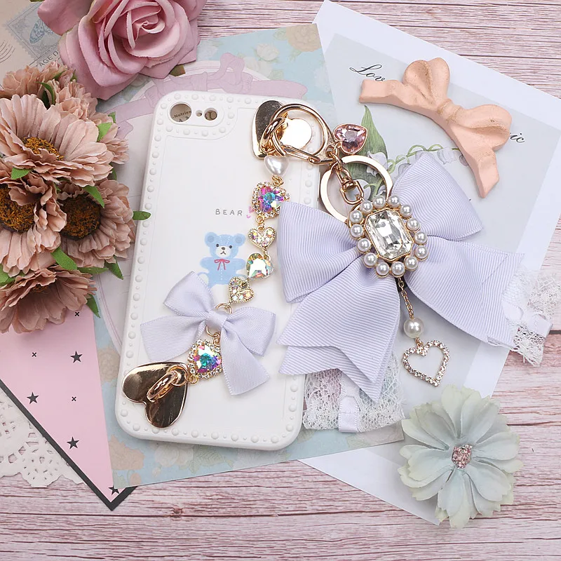 Handmade Japanese Style Girls Big Bow Rhinestone Lace Keychain Sweet Cute Handbag Pendants Lolita Keyrings Bag Charms