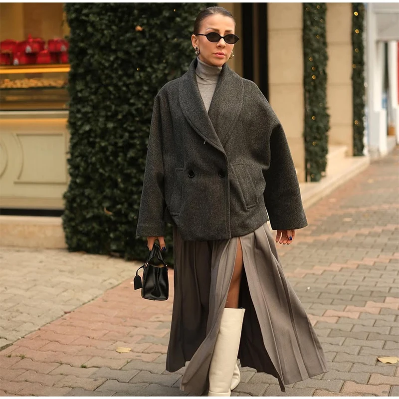 Retro Loose Woolen Blend Coat Women Lapel Double-Breasted Long Sleeve Pocket Thick Gray Jacket 2025 Autumn Spring Streetwear