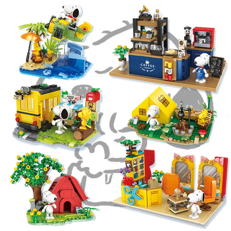 Genuine Snoopy Building Blocks Multi-faceted Life Puzzle Box Cartoon Plastic Building Blocks Trendy Scene Coffee Shop Toys Gift 6