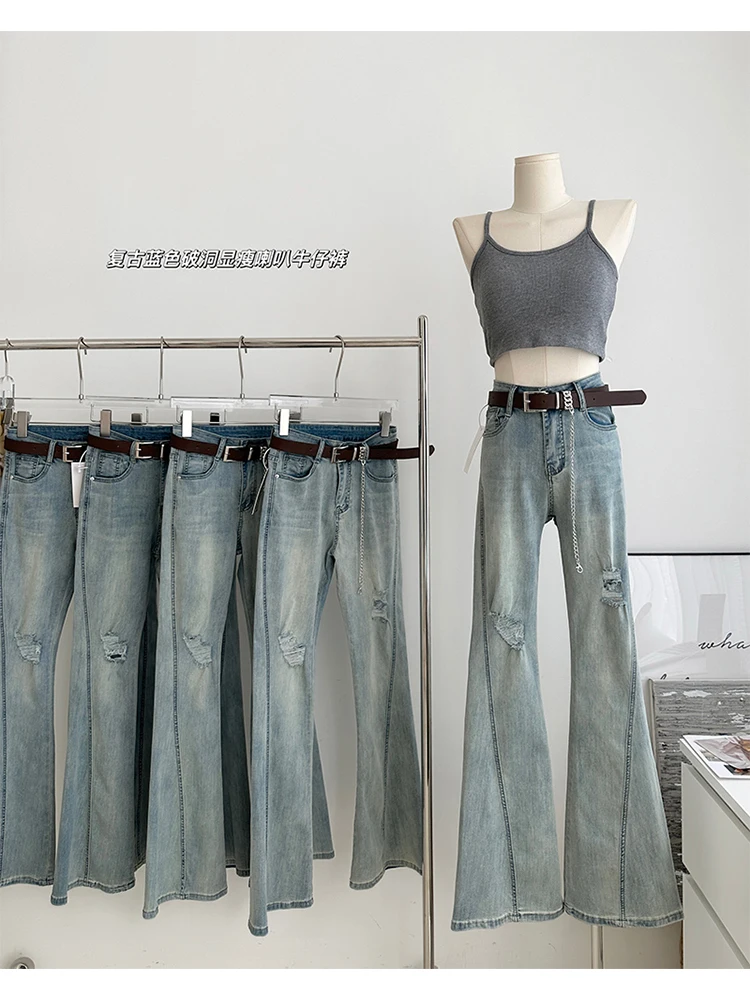 

Women Vintage Harajuku Ripped Hole Wash Denim Pants Flared Jeans Y2k Streetwear 2000s Aesthetic Korean Fashion Bell Bottoms Tide