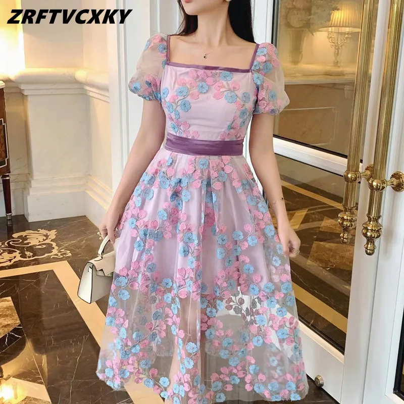 

Women's Vintage Mesh Embroidery Flower Dress Elegant Square Collar Clothing Luxury Puff Sleeve Summer Party Vestidos Female