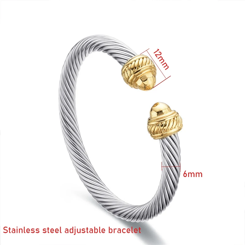 Stainless steel bangle bracelet adjustable size open cuff for women charm vintage twisted style jewelry