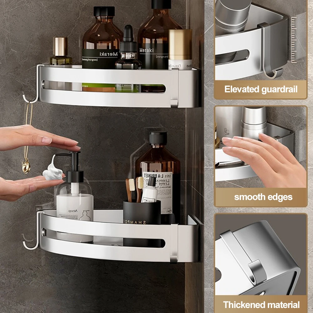 Shower Corner Shelf Bathroom Storage Shelves No Drilling  Space Aluminum Adhesive Shelf On The Wall Shampoo Holder Rack