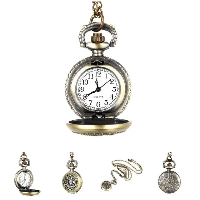 Vintage Quartz Pocket Watch Alloy Hollow Out Flowers Women Girls Sweater Chain Pendant Necklace LL@17