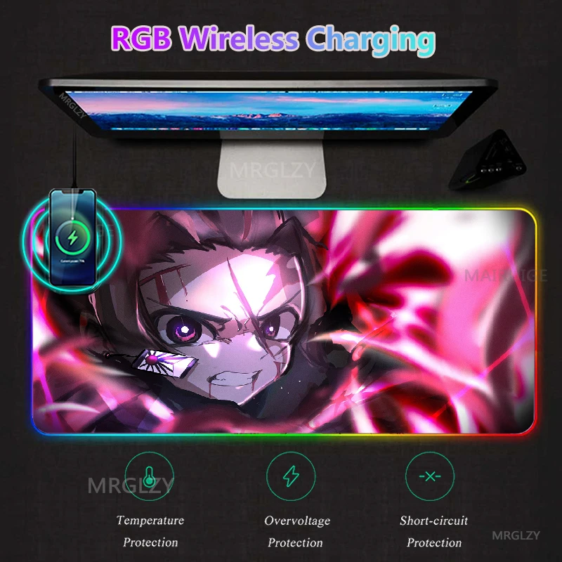 

Anime RGB LED Mouse Pad Demon Slayer Charger Mat Wireless Charging Play Mats Game Accessories Tanjirou Backlit Gaming Carpet Rug