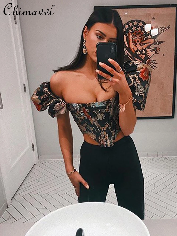 Woman Square-Neck Puff Sleeve Irregular Printing Pullover Shirt 2022 Summer New Fashion Slim-Fit Short Blouse for Female