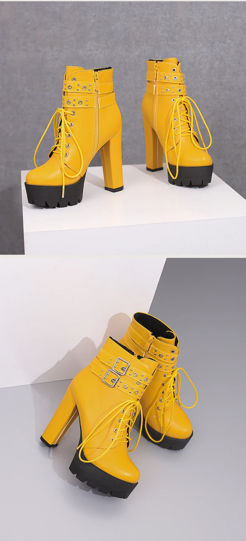 Double Row Metal Belt Buckle With Tie Up Super High Thick Heels Short Boots Platform Side Zipper Plush Inner Lining Ankle Boots