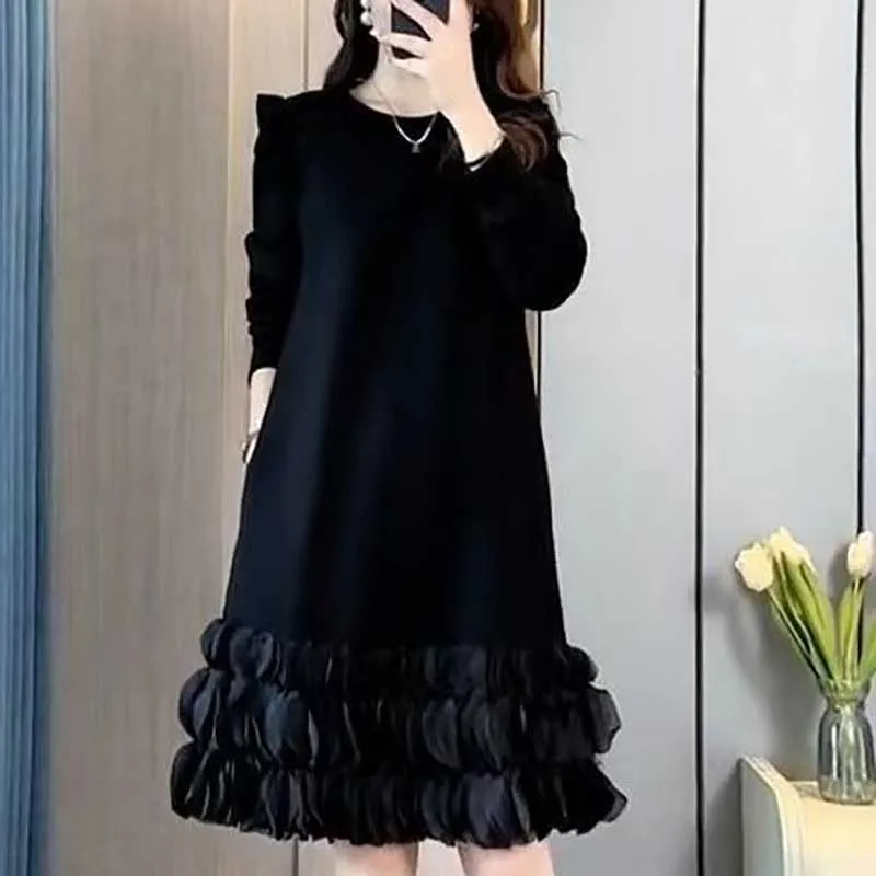 

Fashion O-Neck Pockets Spliced Solid Color Ruffles Mini Dress Women's Clothing 2024 Spring New Loose All-match Casual Dresses