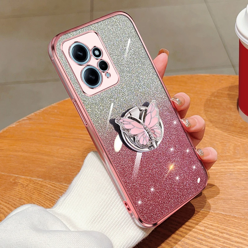 

Note12 Pro Cover For Xiaomi Redmi Note 12 4G 12 5G Note12 Pro 4G 12S Note13 Gradient Butterfly Bling Folding Stand Plating Case