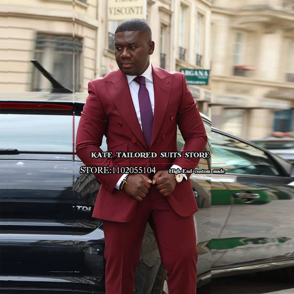 Burgundy Men Suits Single Breasted Blazer Set 2 Pieces Smart Casual Jacket Pant Business Party Groom Wedding Tuxedo Tailore-Made