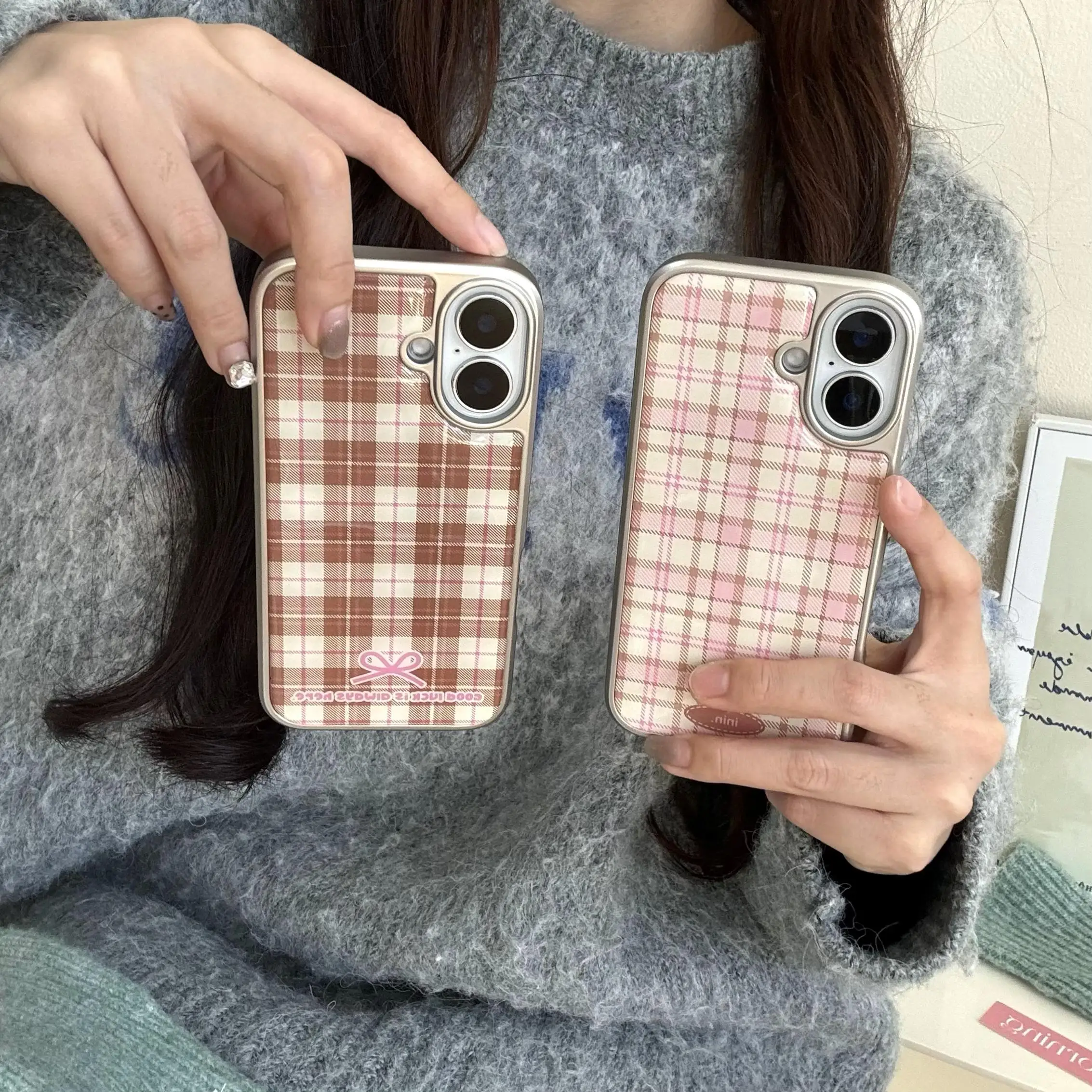 Korean Girly Checker Pattern Silver Border Phone Case with Y2K Resin Design