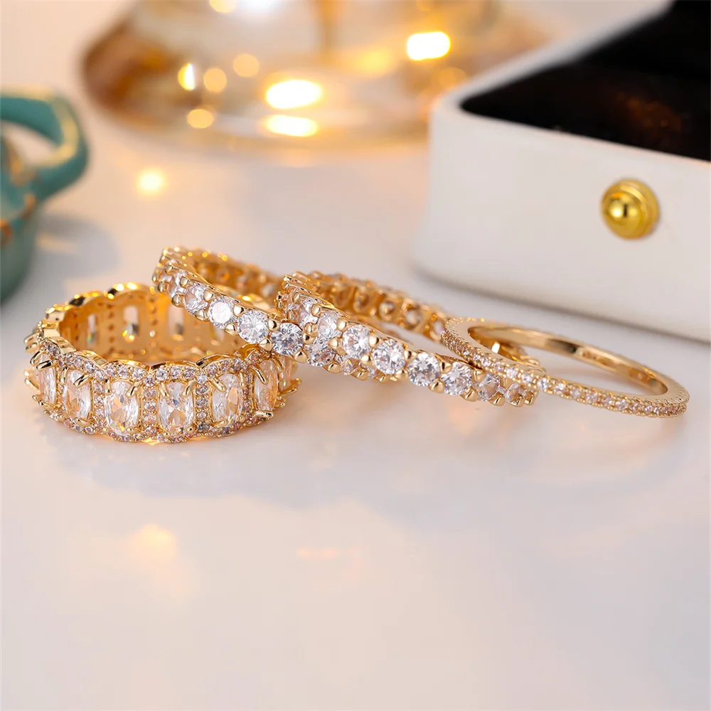 4pcs/Set White Zircon Geometric Stone Ring Sets For Women Vintage Gold Color Engagement Bands Wedding Jewelry Set Versatile Gift