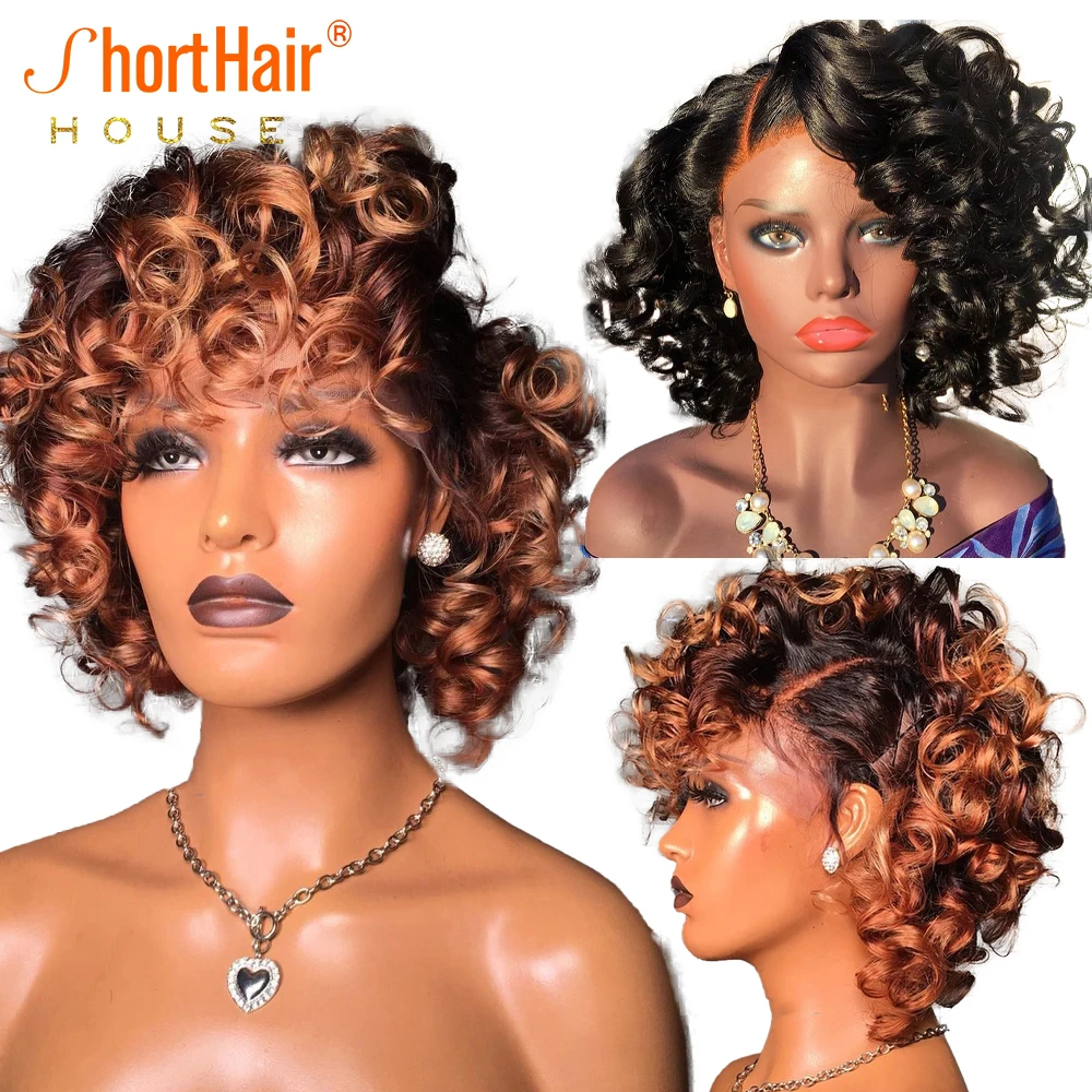 1B 30 Color Short Bob Curly Pixie 13x4 Lace Front Human Hair Wigs Brazilian Loose Curl Copper Blonde Pixie Wigs Side Part Hair