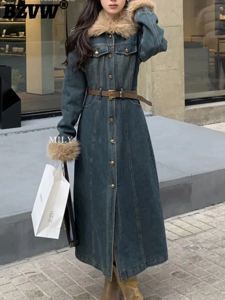 

BZVW French Vintage Denim Dress For Women Clothing 2023 Winter New Trend Belt Waist Mid-length Retro Designer Dresses 25X4207