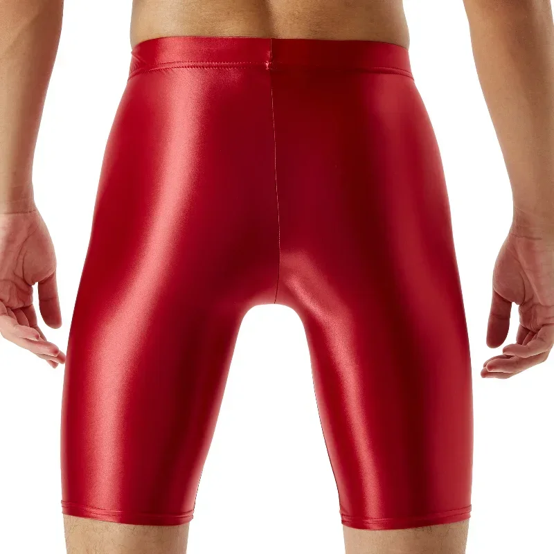 Sexy Men High Elastic Glossy Ice Silk Boxers Solid Color U Convex Long Leg Boxershorts Men Glossy Silky Fitness Shorts Underpant
