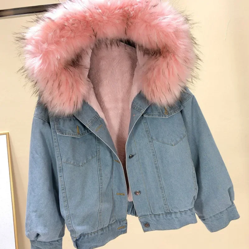 Velvet Thick Denim Hooded Jacket Female Winter Big Fur Hooded Coat Streetwear Short Casual Jackets Parka Female Warm Outerwear