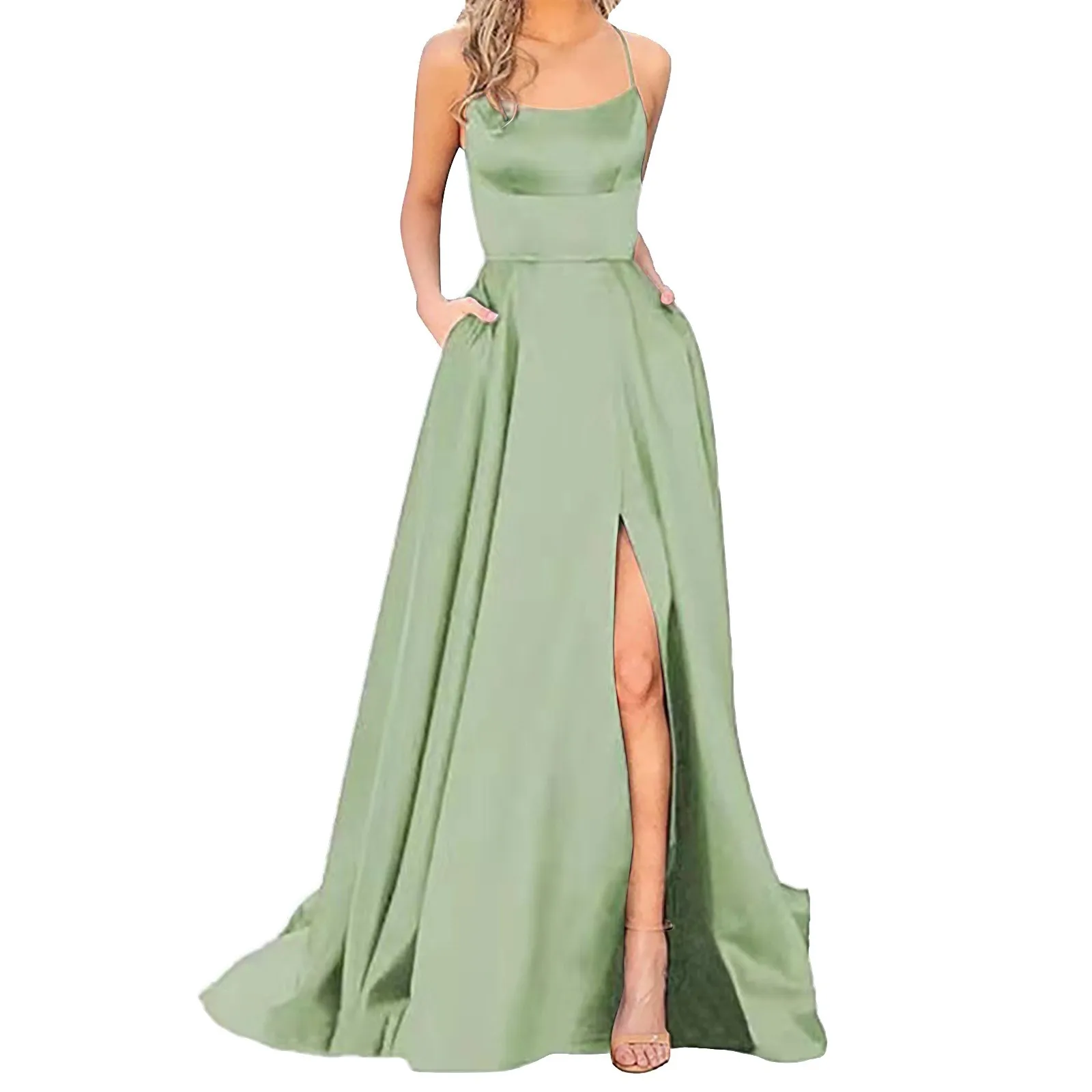 thumbnail image 1 of Vestido de noche sexy con tirantes finos y escote en V, vestido de fiesta rojo con abertura frontal y gran vuelo, vestido de novia elegante, vestido de baile, 1 of 5