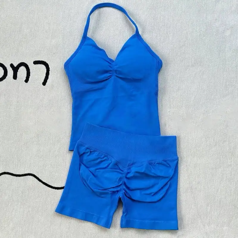 Women Gym Suit Clothes Longline Strappy Top Bras Seamless High Waisted Shorts Sports 2PCs Fitness Suit Running Workout Yoga Set - Image 5