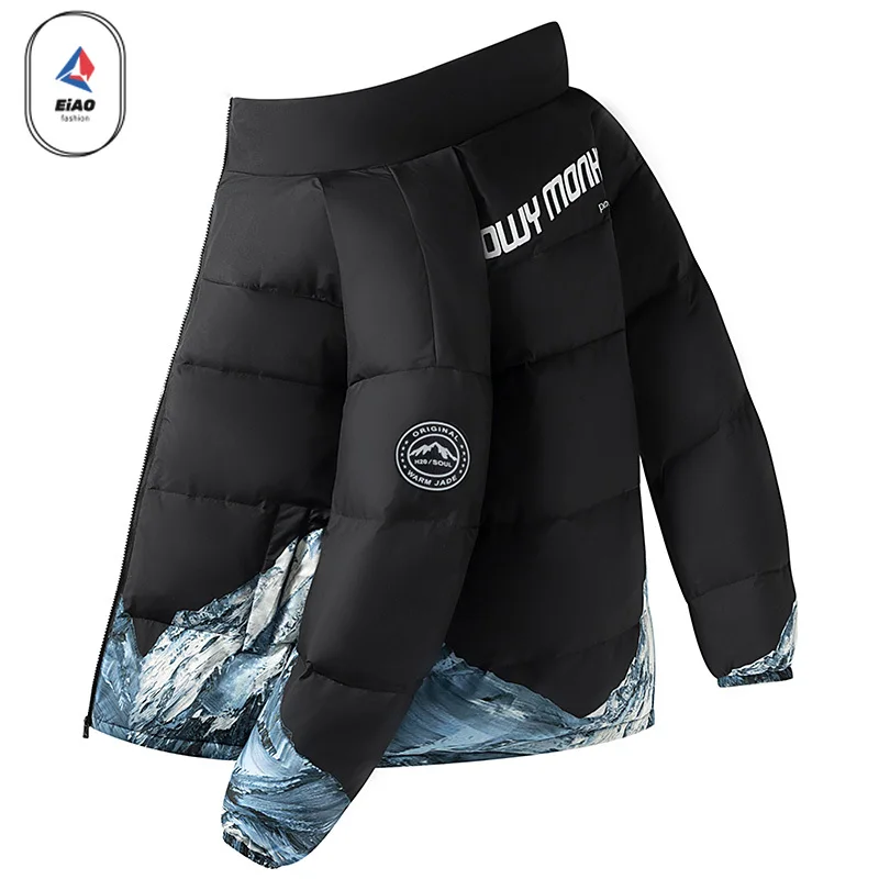 EIAO Trendy Down Jacket Men 2026 Winter Designer Snow Peak Pattern White Duck Down Warm Coat Casual Stand Collar Windproof Parka