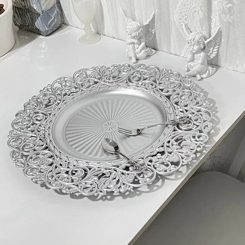 13inch Luxury Hollow Flower Tray Plastic Home Dining Plate Wedding Dessert Cake Tray Western Steak Kitchen Dish Charger 100pcs 3