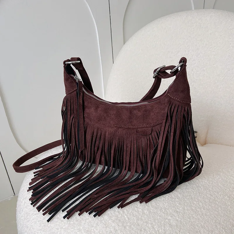 Autumn Winter Deerskin Velvet Tassel Shoulder Bag Vintage Large