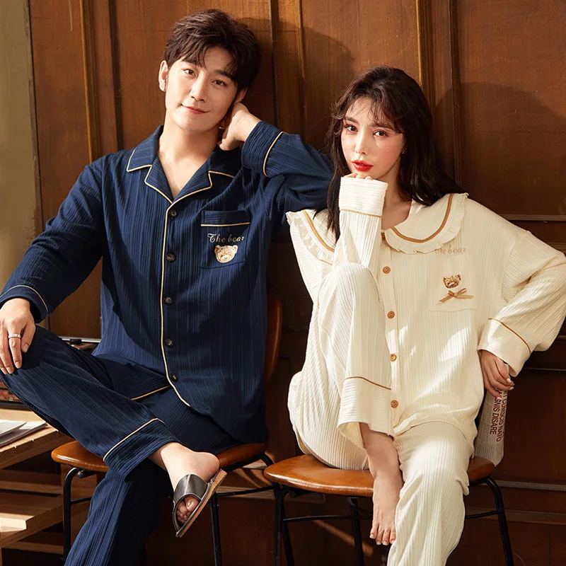 

2024 Korean Couple Pajamas Sets Spring Autumn Cotton Carton Men Long Sleepwear Suit Homewear Women Gift Pyjamas Two-piece Sets