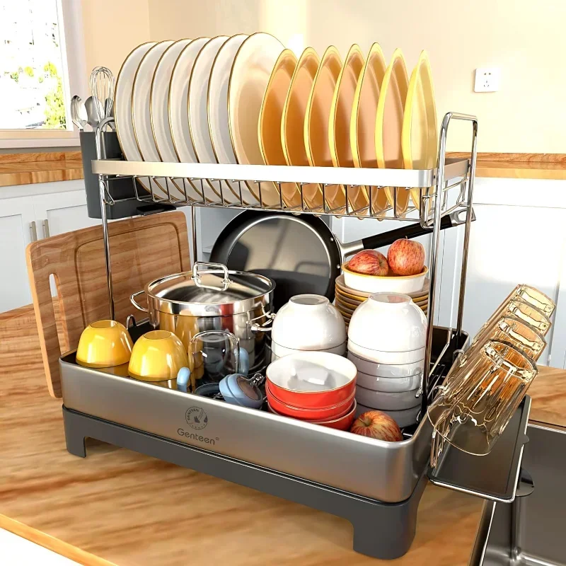 

Genteen Dish Drying Rack, Tier Stainless Steel Dish Rack with Drainboard and Rotatable Spout, Dish Drainers for Kitchen