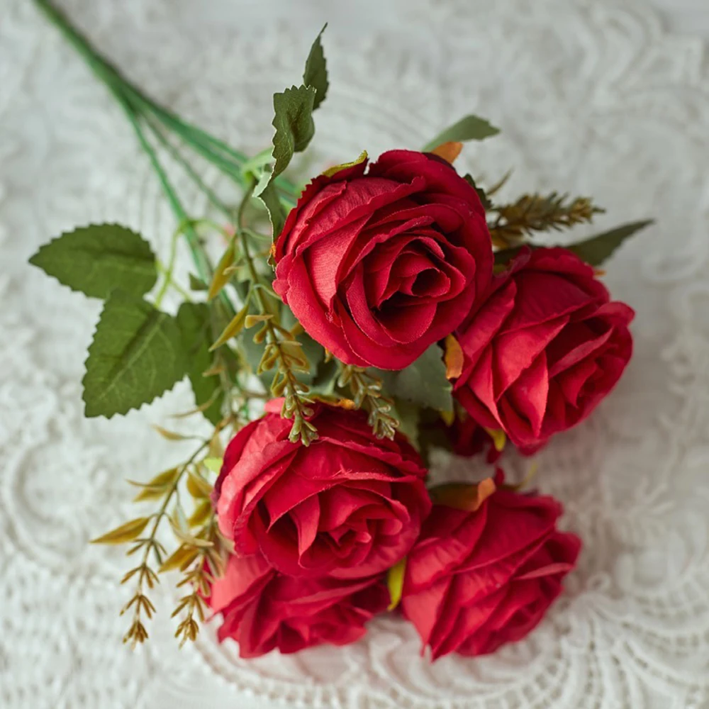 30cm Rose Pink Artificial Silk Flowers Bouquet for Cemetery 6-Heads Big Rose Peony Fake Flower for Wedding Home Table Decoration