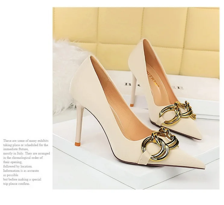 Women 7.5cm 9.5cm High Heels Escarpins Pumps Lady Metal Chain Low Heels Fetish Nightclub Slim Fit Party Green Office Prom Shoes