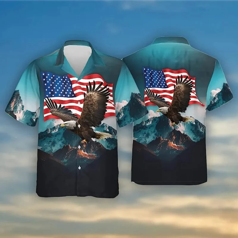 thumbnail image 1 of Camisas con la bandera de EE. UU. 2024 para hombre, camisa hawaiana con estampado 3D de águila americana para hombre, camisetas de moda de manga corta para playa, blusas, camisas, 1 of 4