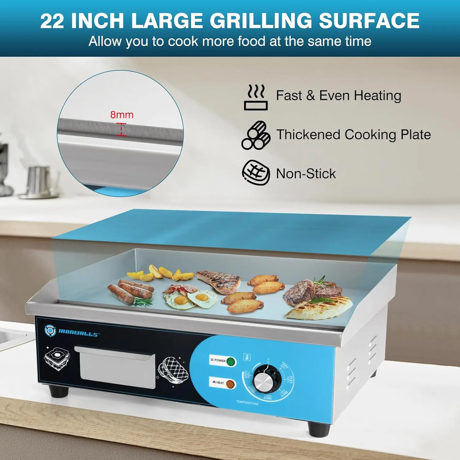 Electric 22”, 3000W Electric Flat Top Grill, Stainless Steel Countertop Electric Griddle Nonstick with 122~572℉Adjustable Temper 3
