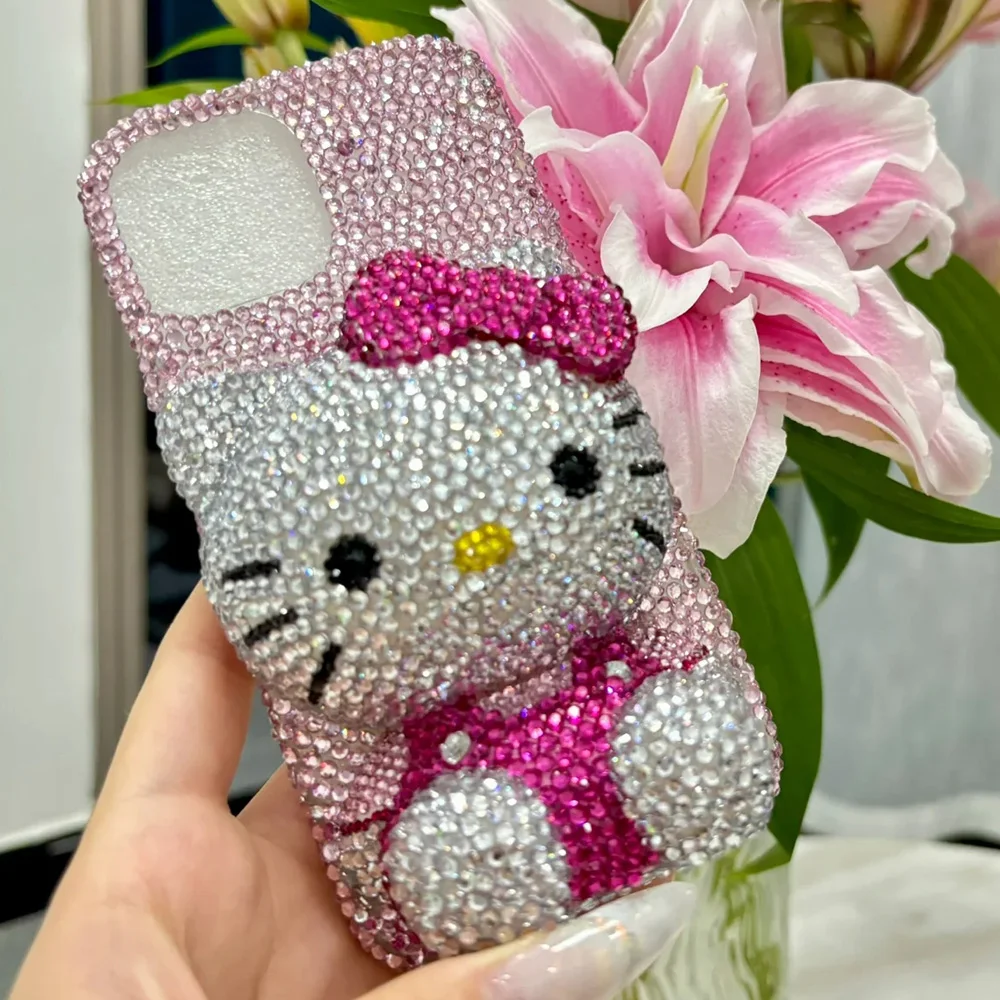 Coque IPhone Hello Kitty Strass – Fait Main – Pour IPhone 16 15 14 13 12 11 Pro Max