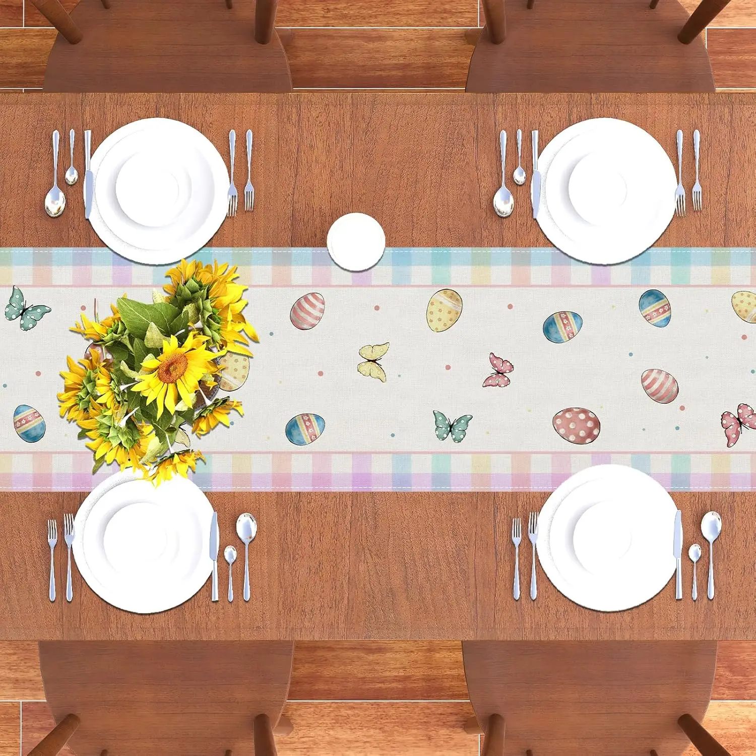 Happy Easter Bunny Eggs Linen Table Runner Holiday Party Decor Spring Watercolor Flowers Plaid Table Runners Dining Table Decor 4