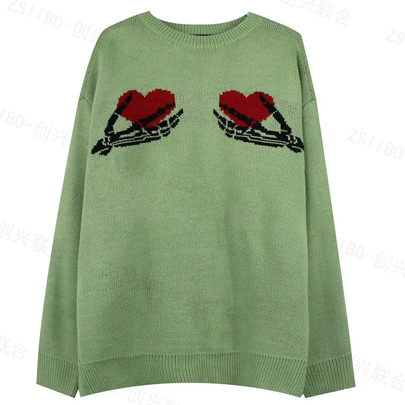 Sweater Men's Fashion New Punk Harajuku Sweater Skull Skeleton Hand Holding Love Funny Funny Men's Pullover Knit