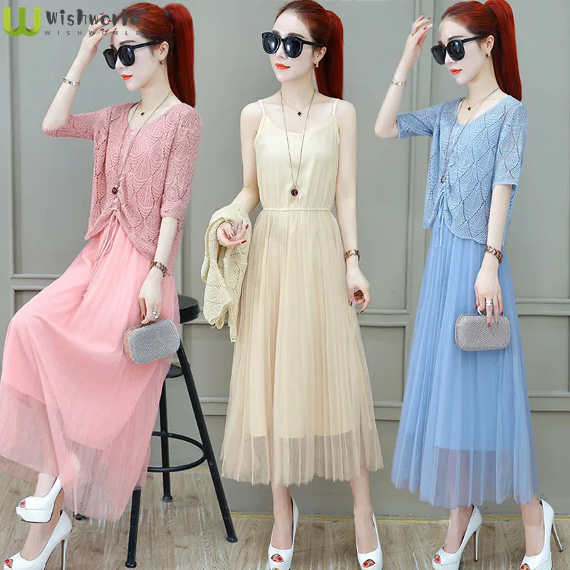 

2022 Summer New Medium and Long V-neck Dress Two-piece Set Women's Hollow Short Sleeve Mesh A-line Skirt Women's Set